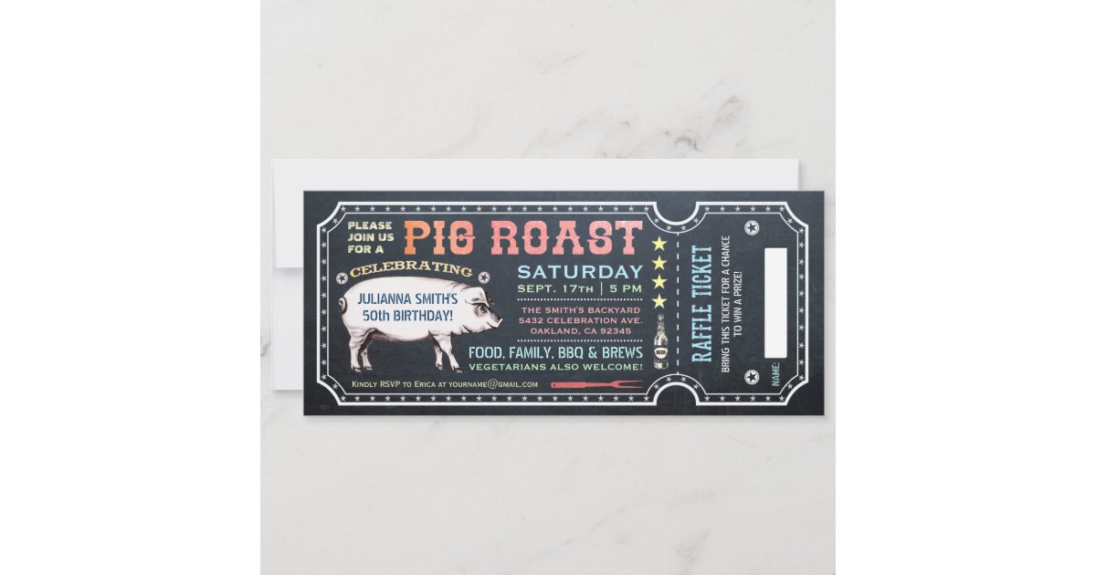 Pig Roast Ticket Invitations with Raffle Ticket v5 | Zazzle