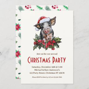 Pig Santa Hat Piglet Farm Animal Christmas Party Invitation