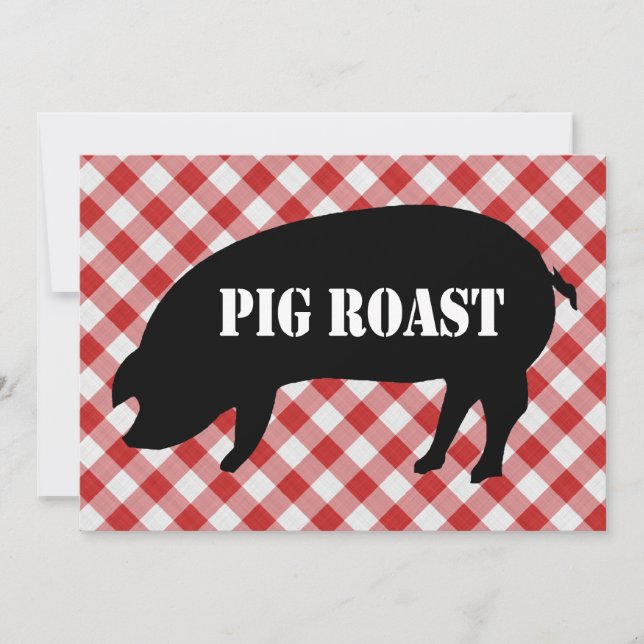 Pig Silo, Red and White Checkered Fabric Pig Roast Invitation (Front)