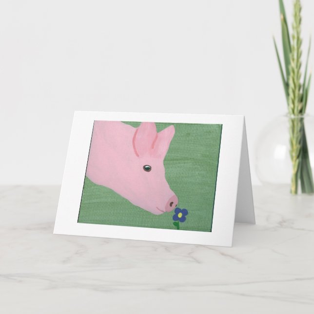 Pig smelling Flower Card (Front)