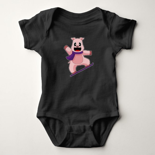 Pig Snowboard Winter sports Baby Bodysuit (Front)