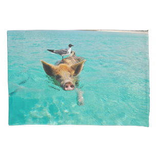 Pig Swimming with Gull Standard Pillow Case