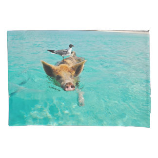 Pig Swimming with Gull Standard Pillow Case