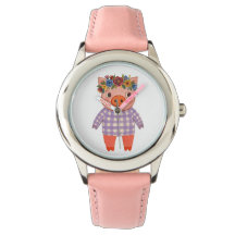 Pig Watch with Flower Crown – Rustic Gingham