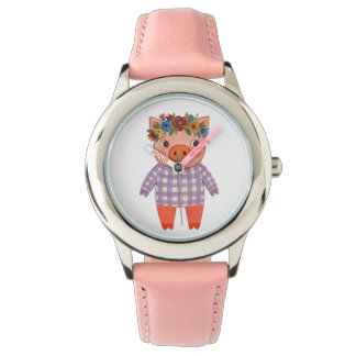 Pig Watch with Flower Crown – Rustic Gingham