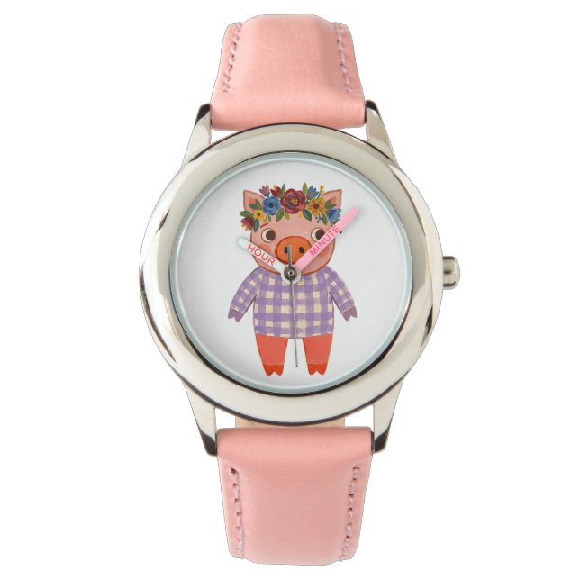 Pig Watch with Flower Crown – Rustic Gingham (Front)