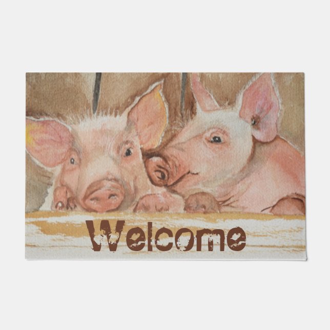 Pig Watercolor Welcome Door Mat (Front)