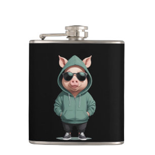 Pig Wearing Hoodie Funny Cool Animal Character  Flask