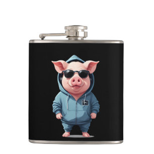 Pig Wearing Hoodie Funny Cool Animal Character  Flask