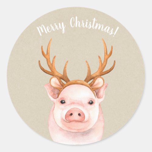Pig Wearing Reindeer Antlers Holiday Christmas Classic Round Sticker