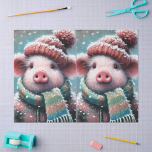 Pig Winter Hat Scarf Chalk-Pastel Decoupage Tissue Paper