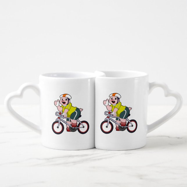 Pig with Bicycle & Helmet Coffee Mug Set (Front Nesting)
