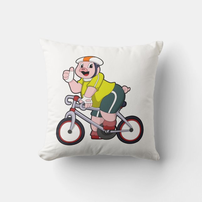 Pig with Bicycle & Helmet Throw Pillow (Front)