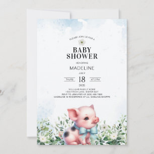 Pig with Bow Blue Boy Baby Shower Invitation