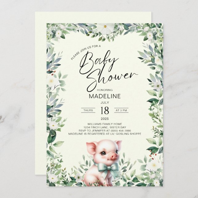 Pig with Bow Greenery Baby Shower Invitation (Front/Back)