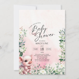 Pig with Bow Pink Girl Baby Shower Invitation
