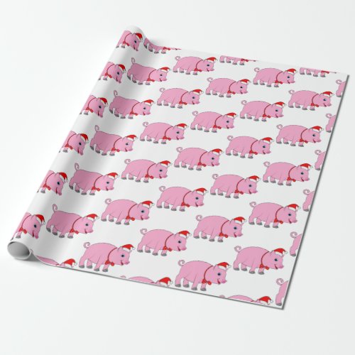 Pig with Bow Tie and Santa Hat at Christmas Wrapping Paper