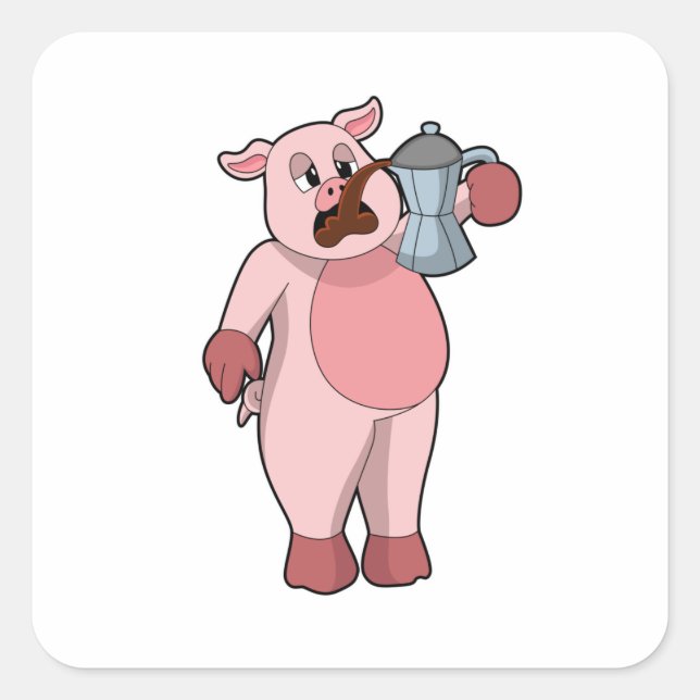 Pig with Coffee pot Square Sticker (Front)