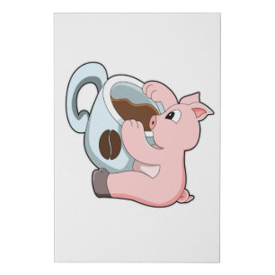 Pig with Cup of Coffee Faux Canvas Print