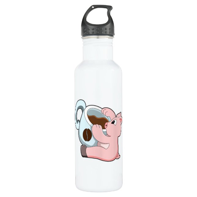 Pig with Cup of Coffee Stainless Steel Water Bottle (Front)