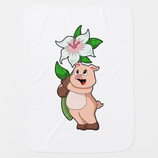 Pig with Flower Lily Baby Blanket (Front)