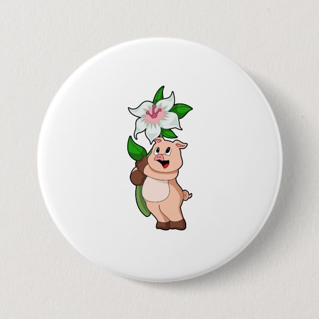 Pig with Flower Lily Button (Front)