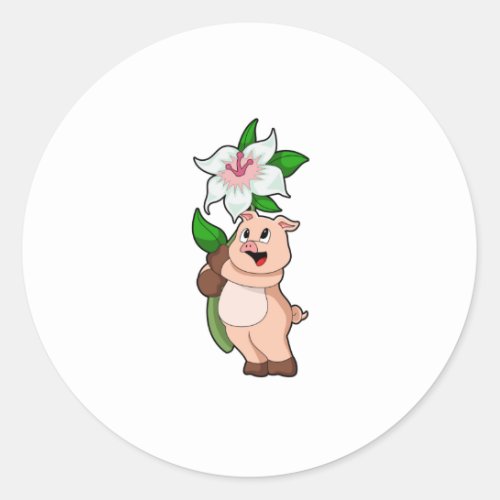 Pig with Flower Lily Classic Round Sticker