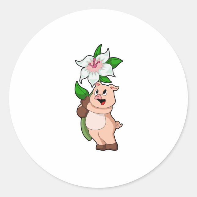 Pig with Flower Lily Classic Round Sticker (Front)