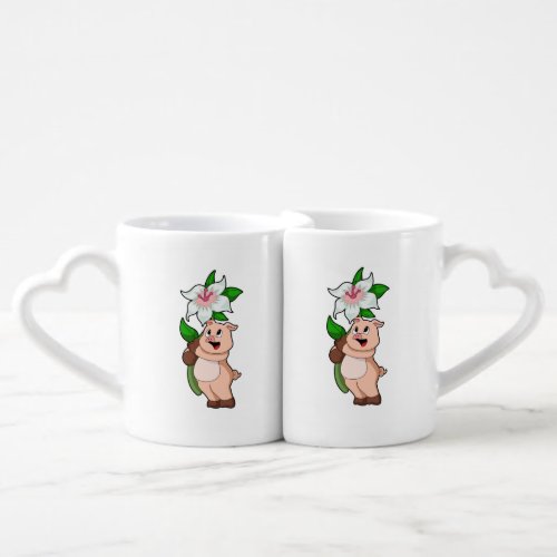 Pig with Flower Lily Coffee Mug Set
