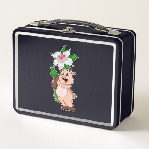 Pig with Flower Lily Metal Lunch Box