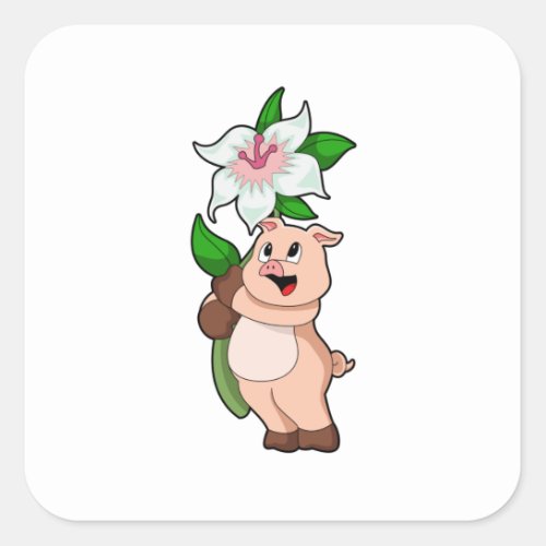 Pig with Flower Lily Square Sticker