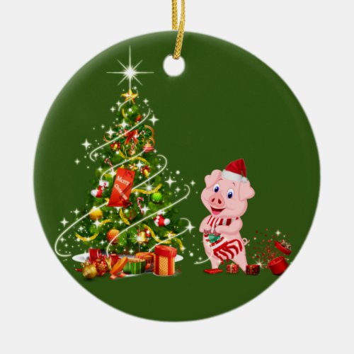 pig With Hat Scafts  Christmas Ceramic Ornament