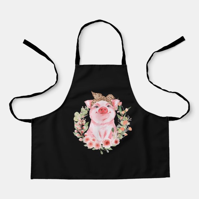 Pig With Leopard Headband Flower Cute Pig Apron (Front)