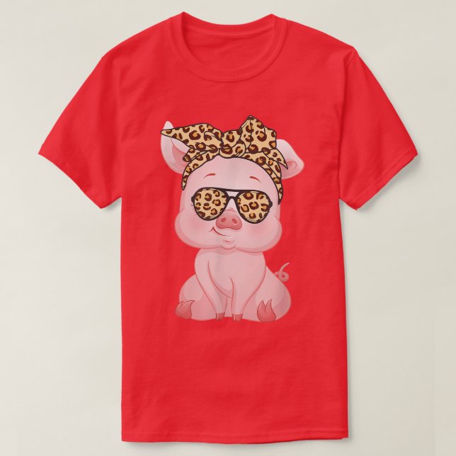 Pig With Leopard Headband Flower Cute Pig Lover Fu T-Shirt (Design Front)