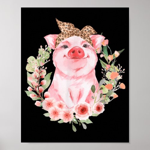 Pig With Leopard Headband Flower Cute Pig Poster