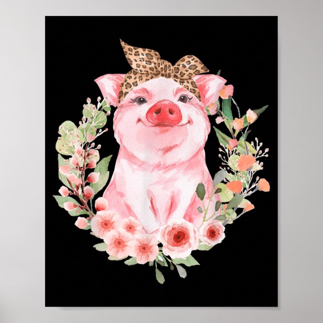 Pig With Leopard Headband Flower Cute Pig Poster (Front)