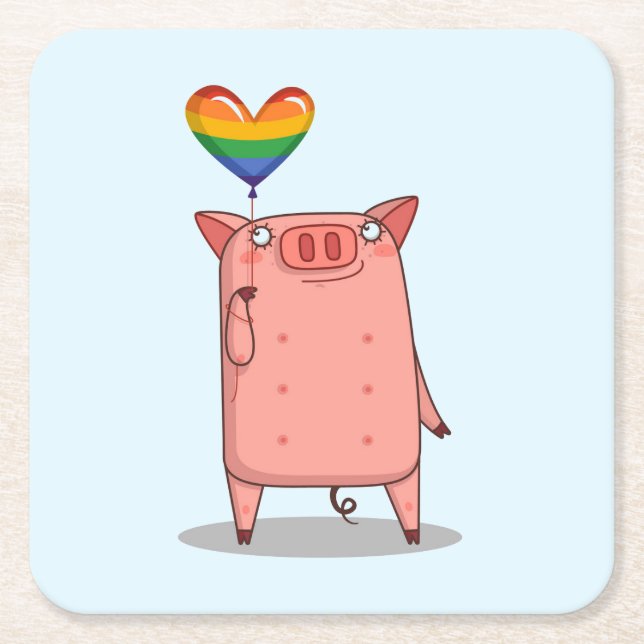 Pig With Rainbow Balloon Square Paper Coaster (Front)