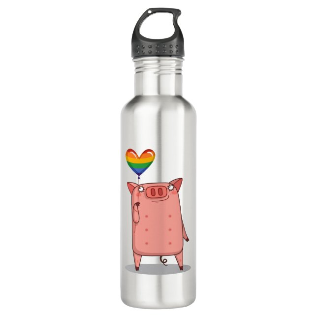 Pig With Rainbow Balloon Stainless Steel Water Bottle (Front)
