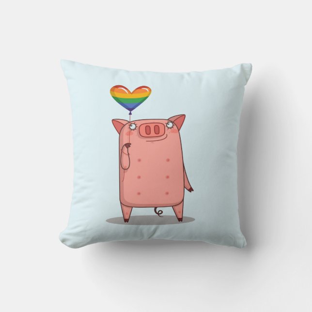 Pig With Rainbow Balloon Throw Pillow (Front)