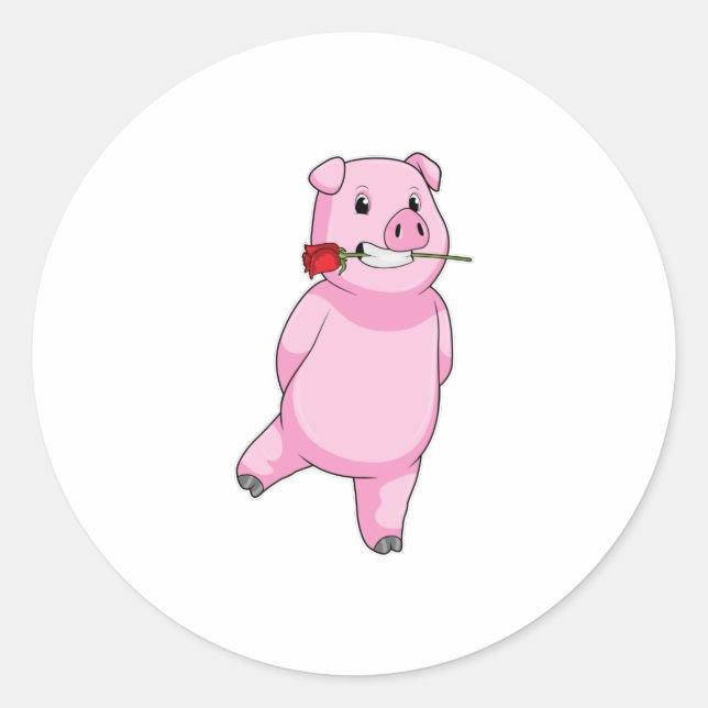 Pig with Rose Flower Classic Round Sticker (Front)