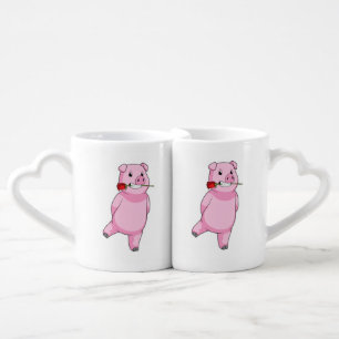 Pig with Rose Flower Coffee Mug Set