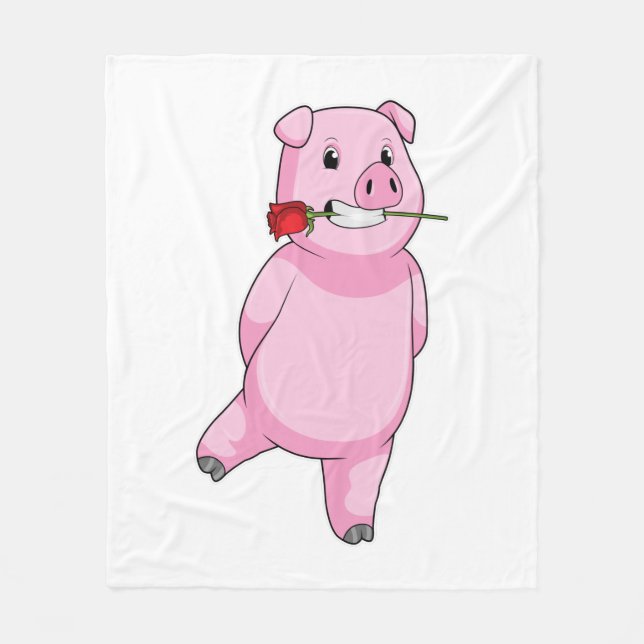 Pig with Rose Flower Fleece Blanket (Front)