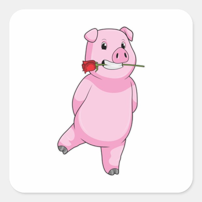 Pig with Rose Flower Square Sticker (Front)