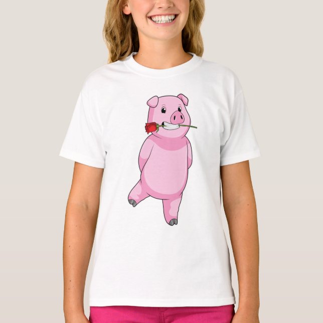 Pig with Rose Flower T-Shirt (Front)