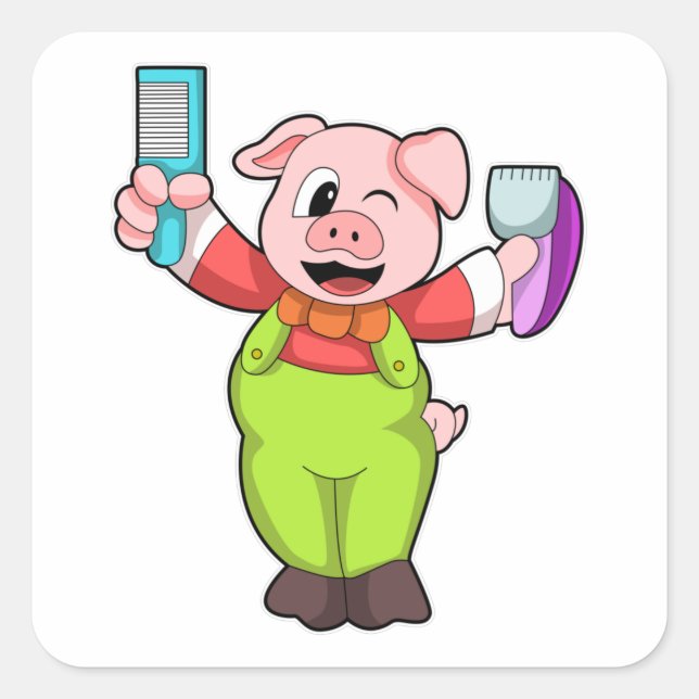 Pig with Scissors & Razor Square Sticker (Front)