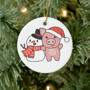 Pig With Snowman In Winter For Christmas Ceramic O Ornament