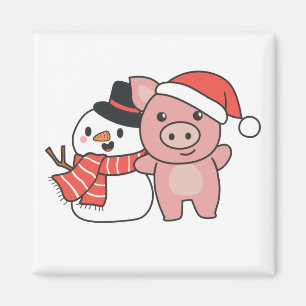 Pig With Snowman In Winter For Christmas Magnet