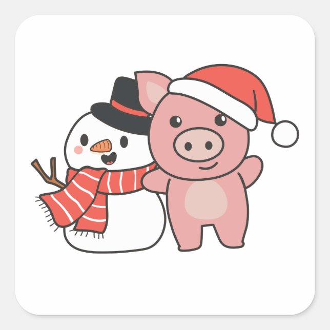 Pig With Snowman In Winter For Christmas Square Sticker (Front)