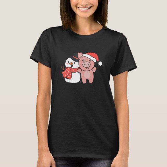Pig With Snowman In Winter For Christmas T-Shirt (Front)