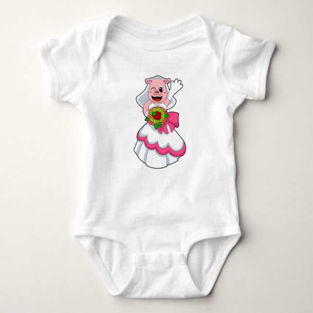 Pig with Wedding dress & Bunch of Flowers Baby Bodysuit (Front)
